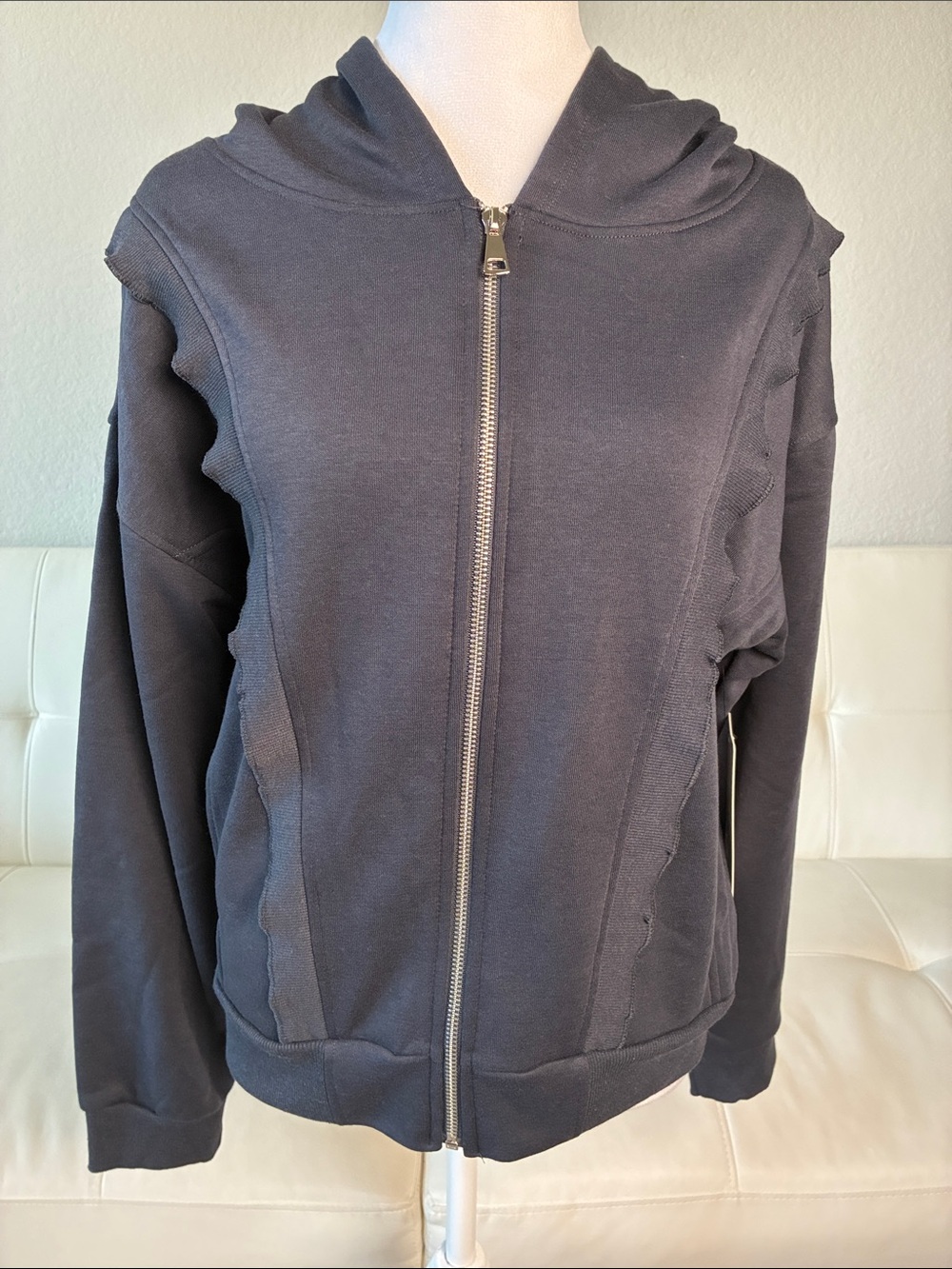 Vogo Women's Navy Zip-Front Hoodie with Subtle Ruffle Trim